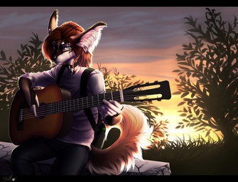 acoustic_guitar anthro biped black_bars clothed clothing collar guitar holding_musical_instrument holding_object looking_at_viewer male musical_instrument outside playing_guitar playing_music plucked_string_instrument sitting solo string_instrument nelly63 felid mammal digital_media_(artwork) letterbox shaded