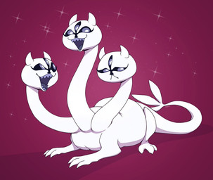 3_eyes 3_heads fangs female feral fur horn lying multi_eye multi_head on_front open_mouth pouting purple_background sharp_teeth simple_background smile solo sparkles sparkling_character teeth toony white_body white_fur yellowhellion deltarune european_mythology greek_mythology mythology undertale_(series) clover_(deltarune) canid canid_demon canine cerberus darkner demon hellhound mammal mythological_canine mythological_creature