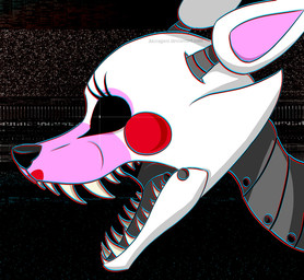 ambiguous_gender anthro black_nose black_sclera eyelashes grey_body lipstick machine makeup metal open_mouth pink_body red_cheeks sharp_teeth solo teeth white_body akirageni five_nights_at_freddy's five_nights_at_freddy's_2 scottgames mangle_(fnaf) animatronic canid canine fox mammal robot 2015