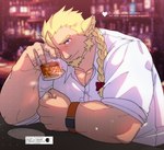 alcohol beard beverage blonde_hair braided_hair braided_ponytail drunk facial_hair hair looking_at_viewer male pecs ponytail ribbons solo substance_intoxication text 3pdta lifewonders live_a_hero huckle animal_humanoid humanoid english_text hi_res