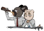 alcohol anthro beverage bottle clothed clothing container drinking duo male necktie simple_background white_background rusjerry aggretsuko sanrio anai_(aggretsuko) haida_(aggretsuko) badger hyena japanese_badger mammal meles mustelid musteline spotted_hyena hi_res