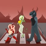 breasts clothed clothing female group hair horn mocah not_furry red_body red_skin smile tail thick_thighs trio vivian_(blackbetty) blackbetty abbey_road the_beatles lucile_(blackbetty) demon humanoid 1:1 hi_res