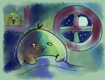 ambiguous_gender beak bed bedding blanket bodily_fluids furniture gesture hand_gesture inside moon motion_lines night one_eye_closed open_mouth painting_(object) shaking solo star tears trembling v_sign wall_(structure) window yellow_body flavia-elric anatid anseriform avian bird duck 2021 digital_media_(artwork) hi_res