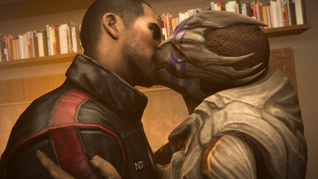 book bookshelf claws clothing duo eyes_closed female furniture kissing male male/female side_view ghostxhours bioware electronic_arts mass_effect commander_shepard vetra_nyx alien human humanoid mammal turian 16:9 3d_(artwork) digital_media_(artwork) hi_res widescreen