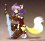 anthro armor biped clothing convincing_weapon cuisse female footwear fur greaves hair kneeling legwear looking_at_viewer melee_weapon purple_hair red_eyes socks solo stirrup_socks sword tail thigh_highs unconvincing_armor weapon yellow_body yellow_fur luckypan sonia_(rukaisho) canid canine fox mammal 2009 digital_media_(artwork)