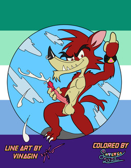 alternative_fashion anthro big_penis butt claws cum_in_air ejaculation erection exposed_glans facial_piercing foreskin genitals gesture hand_gesture humanoid_genitalia humanoid_penis lgbt_pride male middle_finger nose_piercing nose_ring nude penis piercing pink_triangle pride_colors pubes punk red_rocket_roller_board retracted_foreskin ring_piercing solo video_game_character vincian_pride_colors sharako go!_go!_hypergrind decker canid canine mammal absurd_res hi_res