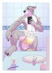 5_fingers anthro bathroom bodily_fluids claws clothed clothing diaper embarrassed fingers genital_fluids humanoid_hands male mirror_selfie partially_clothed selfie solo toe_claws unclean_diaper urine used_diaper wearing_diaper wet_diaper wetting wolfen2 bambino_diapers randall_(draugr) canid canine canis mammal wolf hi_res