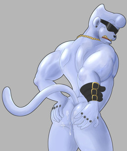 anthro armband bodily_fluids butt cum cum_on_butt ear_piercing ear_ring eyewear eyewear_only genital_fluids gold_(metal) gold_tooth jewelry jewelry_only looking_at_self looking_back male metallic_body muscular muscular_arms muscular_male necklace necklace_only nude pecs piercing pompadour ring_piercing solo sunglasses sunglasses_only touching_butt touching_self monkeysuit bandai_namco digimon digimon_(species) haplorhine mammal metaletemon monkey primate hi_res