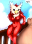 anthro bag beak breasts female hair looking_at_viewer nipples non-mammal_breasts non-mammal_nipples nude pokemorph red_body red_hair solo mnxenx001 nintendo pokemon avian delibird generation_2_pokemon pokemon_(species) hi_res