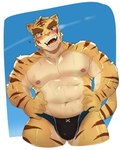 abs anthro blue_eyes blush brown_body brown_fur brown_stripes clothed clothing countershade_arms countershade_face countershade_legs countershade_torso countershading eyebrows fangs fur glistening glistening_body hands_on_hips looking_at_viewer male multicolored_body multicolored_fur muscular muscular_anthro muscular_male navel nipples open_mouth open_smile pecs pink_nipples simple_background smile solo speedo speedo_only striped_body striped_fur stripes swimwear swimwear_only tail tan_body tan_countershading tan_fur teeth thick_eyebrows topless wet wet_body wet_fur yellow_body yellow_fur dj28sj morenatsu torahiko_(morenatsu) felid mammal pantherine tiger 2024 hi_res portrait three-quarter_portrait