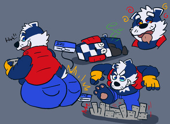anthro big_butt biped black_nose blue_eyes bottomwear butt clothing controller feet game_controller macro male pants slightly_chubby solo fanatictanuki bradley_the_badger_(game) bradley_(bradley_the_badger) badger mammal mustelid musteline 2025