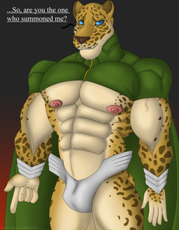 abs anthro armwear barazoku bulge cape clothed clothing fur looking_at_viewer male markings muscular muscular_anthro muscular_male nipples simple_background skimpy smile solo spots spotted_markings text tight_clothing whiskers klr-rio atlus megami_tensei sega ose_(megami_tensei) cheetah demon felid feline leopard mammal pantherine absurd_res digital_media_(artwork) hi_res