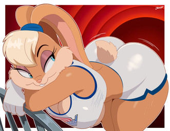 5_fingers alternate_breast_size anthro ass_up basketball_uniform bedroom_eyes bent_over big_breasts big_butt biped blonde_hair blue_eyes bodily_fluids border bottomwear bra breasts buckteeth bulging_breasts butt cleavage clothed clothed_anthro clothed_female clothing countershade_face countershading crossed_arms dolphin_shorts earband ears_tied ears_tied_back eyebrows eyelashes female female_anthro fingers floppy_ears fully_clothed fully_clothed_anthro fully_clothed_female fur furgonomic_bottomwear furgonomics gloves hair half-closed_eyes handwear hanging_breasts iris legs_together long_ears looking_back midriff motion_lines multicolored_body multicolored_fur narrowed_eyes outline outside_border pink_inner_ear pink_nose pupils scut_tail seductive short_hair short_tail shorts small_nose smile snout solo sports_bra sportswear standing sweat tail tan_body tan_fur teeth text thick_thighs three-quarter_view tied_ears toony tune_squad_outfit_(1996) two_tone_body two_tone_fur underwear uniform wearing_gloves white_border white_clothing white_gloves white_handwear white_outline jeanart looney_tunes warner_brothers lola_bunny lagomorph leporid mammal rabbit 2026 absurd_res artist_name hi_res