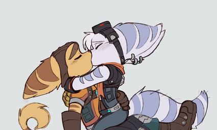 anthro clothed clothed_female clothed_male clothing cybernetic_arm cybernetic_limb duo ear_piercing ear_ring eyes_closed eyewear eyewear_on_head female fluffy fluffy_tail fur gloves goggles goggles_on_head hair handwear hug kissing male male/female markings piercing ring_(marking) ring_piercing ringed_tail striped_markings striped_tail stripes tail tail_markings thin_tail white_body white_fur white_hair yellow_body yellow_fur time_fluffy500 ratchet_and_clank sony_corporation sony_interactive_entertainment ratchet_(ratchet_and_clank) rivet_(ratchet_and_clank) lombax mammal