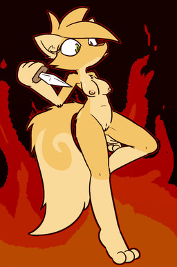 3_toes anthro blonde_hair breasts brown_eyes brown_nose chest_tuft dagger dipstick_tail feet female fire front_view fur genitals green_eyes hair heterochromia holding_dagger holding_melee_weapon holding_object holding_weapon markings melee_weapon nipples nude on_one_leg pink_nipples small_breasts solo standing tail tail_markings tan_body tan_fur tan_inner_ear toes tuft vulva weapon yellow_body yellow_fur ultilix flora_flowerpot canid canine fox mammal 2022 hi_res