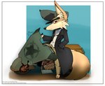 anthro chibi clothing coat hat headgear headwear long_coat looking_at_viewer male markings military military_hat military_uniform motorcycle on_bike riding_motorcycle rust solo text topwear uniform vehicle waiting masterzoroark666 canid canine fennec_fox fox mammal true_fox hi_res url