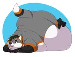 belly belly_overhang big_belly happy lying male morbidly_obese morbidly_obese_male obese obese_male on_front overweight overweight_male smile solo weight_gain shikakaka reuben_fox canid canine fox mammal