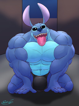 anthro biceps blue_body blue_fur bulge clothing deltoids fur kneeling male muscular muscular_male pecs solo thong tongue tongue_out underwear rikuoxas disney lilo_and_stitch stitch_(lilo_and_stitch) alien mammal 2025 hi_res