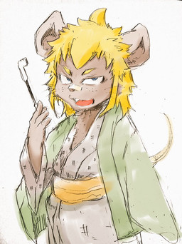 anthro asian_clothing band-aid band-aid_on_face band-aid_on_nose bandage bandage_on_face bandage_on_nose blonde_hair blue_eyes cape clothing east_asian_clothing freckles hair japanese_clothing looking_at_viewer male open_mouth simple_background solo tail tongue white_background young young_anthro young_male kemo_yuko mammal mouse murid murine rodent 2025 japanese_description