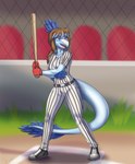 5_fingers anthro baseball_bat baseball_field baseball_uniform bat_(object) blue_body blue_feathers blue_hair blue_highlights blue_scales brown_hair claws clothing detailed_background elbow_feathers eyelashes feathered_tail feathers female finger_claws fingers freckles gloves hair handwear highlights_(coloring) long_hair long_tail open_mouth open_smile outside red_eyes scales smile snout solo sportswear tail tail_tuft tuft uniform prometheuzone cavemanon_studios i_wani_hug_that_gator jenine_(iwhtg) dinosaur dromaeosaurid feathered_dinosaur feathered_scalie prehistoric_species reptile scalie theropod velociraptor 2024 dated digital_drawing_(artwork) digital_media_(artwork) hi_res signature