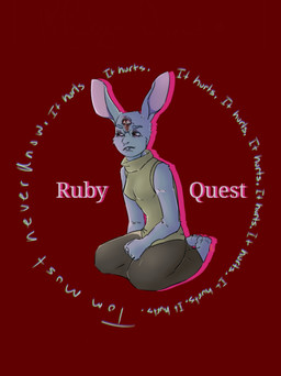 3_eyes anthro barefoot beige_shirt blood blood_from_eye bodily_fluids bottomwear breasts brown_bottomwear brown_clothing brown_skirt buckteeth clothing eyebrows feet female fur kneeling medium_breasts multi_eye red_background red_eyes simple_background skirt sleeveless_shirt solo teeth text white_body white_fur artistfromouterspace ruby_quest ruby_(rq) hare lagomorph leporid mammal 2018 english_text