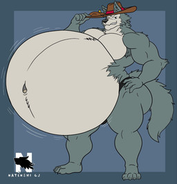 anthro armpit_hair barefoot belly belly_expansion belly_inflation big_belly big_butt black_clothing black_thong black_underwear bloated blue_body blue_fur body_hair butt clothed clothing cowboy_hat expansion feet fur grey_body grey_fur hand_on_hat hand_on_hip hat headgear headwear huge_belly hyper hyper_belly inflation looking_at_viewer male musclegut muscular muscular_anthro muscular_male navel obese one_eye_closed overweight overweight_anthro overweight_male pantsless_anthro pecs solo standing thick_thighs thong topless topless_male underwear white_belly wink winking_at_viewer zangokunatenshi beastars legoshi_(beastars) canid canine canis mammal wolf 2025 hi_res