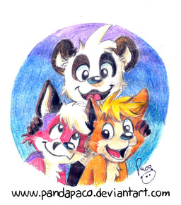anthro black_body black_fur black_nose blonde_hair cheek_tuft closed_smile facial_tuft front_view fur glistening glistening_eyes glistening_nose group hair head_tuft logo male mouth_closed open_mouth open_smile orange_body orange_fur purple_body purple_fur red_body red_fur simple_background smile tan_body tan_fur text trio tuft white_body white_fur white_hair young young_anthro young_male pandapaco parinton bear canid canine fox giant_panda mammal 2016 artist_logo signature traditional_media_(artwork) url