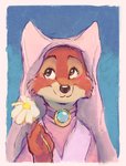 anthro black_nose blue_background border brown_eyes clothed clothing daisy_(flower) female flower fur headdress holding_flower holding_object jewelry looking_up plant red_body red_fur simple_background smile solo tan_body tan_fur wimple conditional_dnp jonas disney robin_hood_(disney) maid_marian canid canine fox mammal red_fox true_fox hi_res