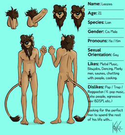 balls black_nose blue_background brown_body brown_fur erection flaccid foreskin fur genitals looking_at_viewer male mane nude penis pubes simple_background solo text kinkz felid lion mammal pantherine absurd_res english_text hi_res model_sheet source_request
