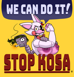 anthro areola big_breasts black_eyes black_nose black_sclera bow_tie breasts dialogue eyelashes female flexing flexing_bicep front_view heterochromia huge_breasts machine motivational_poster nipple_piercing nipples parody piercing pink_body political_cartoon politics public_service_announcement purple_areola purple_nipples red_bow_tie rosy_cheeks simple_background solo speech_bubble text white_eyes yellow_background yellow_eyes miobadders five_nights_at_freddy's five_nights_at_freddy's_2 scottgames we_can_do_it! mangle_(fnaf) animatronic canid canine fox mammal robot english_text
