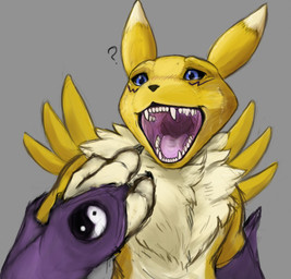 ambiguous_gender anthro armwear black_sclera blue_eyes chest_tuft clothing detailed_mouth fangs fur gaping_mouth glistening glistening_eyes light_body light_fur mouth_shot open_mouth pink_tongue pointing_at_mouth purple_armwear purple_clothing question_mark simple_background solo teeth tongue toony tuft unsigned uvula yellow_body yellow_fur acidic bandai_namco digimon canid digimon_(species) mammal renamon bust_portrait detailed hi_res portrait