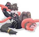 accessory ambiguous_fluids anthro bandage blue_eyes blush blush_lines buckle claws collar countershading cute_fangs fangs fur grey_body grey_fur hair_accessory hairclip male pawpads restrained restrained_by_tentacles simple_background solo teeth tentacle_under_clothing tentacles white_body akari felid feline mammal absurd_res hi_res