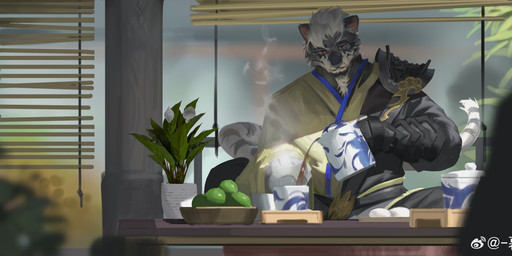 ambiguous_gender anthro black_clothing black_topwear cheek_tuft clothed clothing container cup duo facial_tuft front_view fur grey_body grey_fur grey_nose hair inside male male_anthro markings plant plant_pot potted_plant red_eyes short_hair solo_focus steam striped_markings striped_tail stripes tail tail_markings topwear tuft white_body white_fur white_hair yellow_clothing yellow_topwear awaldkize felid mammal 2024 absurd_res dated hi_res