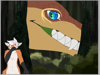 anthro black_body black_fur border duo feral forest fur grey_border hair hiding hunted hunting imminent_vore male male/male orange_body orange_fur plant predator/prey scales scared teeth tree white_body white_fur white_hair irosan mythology desertyrain_minrok xander_stock canid canine dragon fox mammal mythological_creature mythological_scalie red_fox scalie true_fox