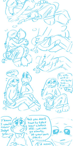 anthro clothing clothing_pull duo female female/female flustered horizontal_kissing making_out nervous text curious_coyote glitch_productions the_amazing_digital_circus jax_(tadc) ribbit_(tadc) amphibian frog humanoid lagomorph leporid mammal rabbit absurd_res blue_and_white english_text hi_res monochrome sketch