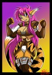 anthro armor big_breasts blue_eyes breasts cleavage clothed clothing comtin dipstick_tail female gradient_background hair long_hair markings old_design open_mouth pink_hair simple_background solo tail tail_markings tixen zoion mastergodai noricragma alfreda_fliss canid canine felid fox hybrid mammal pantherine tiger 2022