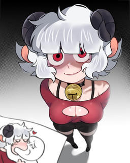 2_horns absolute_territory breasts choker choker_bell cleavage clothed clothing duo eyebrow_through_hair eyebrows female first_person_view gradient_background hair horn jewelry kissing looking_at_viewer male medium_breasts necklace red_eyes simple_background smile stare translucent translucent_hair white_hair osulan yoshi_and_toad_kissing anon bovid caprine goat human humanoid mammal 4:5 absurd_res hi_res