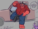 anthro balls barefoot big_balls big_feet big_penis black_body black_penis bodily_fluids bottomwear car clothed clothing cum cum_drip denim denim_bottomwear denim_clothing dialogue dripping duo feet genital_fluids genitals horn huge_balls huge_penis inside_car inside_vehicle jeans looking_at_viewer male musclegut muscular muscular_male open_bottomwear open_clothing pants penis plaid precum red_body slightly_chubby solo_focus talking_to_viewer teashades text thick_penis unbuttoned_pants unzipped unzipped_pants vehicle zipper daxhush mythology arin_(daxhush) chiderg canid canine canis domestic_dog dragon mammal mythological_creature mythological_scalie scalie english_text trans_(lore) trans_man_(lore)