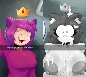 before_and_after big_breasts black_hair bodily_fluids breasts clothing crown cum cum_on_breasts cum_on_face female genital_fluids hair headgear nipples purple_hair shocked smile solo sweater text topwear rabbit5gamer animal_humanoid cat_humanoid felid felid_humanoid feline feline_humanoid humanoid mammal mammal_humanoid 2025 digital_media_(artwork) english_text hi_res