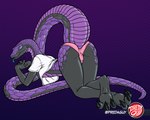 all_fours anthro anus ass_up big_butt breasts butt camel_toe claws clothed clothing clothing_lift crossed_ankles female finger_claws forked_tongue genitals grey_body hands_together interlocked_fingers long_neck long_tail looking_at_viewer lying on_elbow on_front panties pink_clothing pink_panties pink_underwear presenting presenting_hindquarters purple_body pussy raised_tail scales seductive shirt shirt_lift smile smiling_at_viewer solo t-shirt tail thick_tail thick_thighs toe_claws tongue tongue_out topwear under_boob underwear ventral_scales white_clothing white_shirt white_t-shirt white_topwear wide_hips predaguy zmia reptile scalie snake 5:4 hi_res