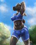 anthro big_teats blue_clothing bodily_fluids breasts breasts_and_teats brown_body brown_fur camel_toe clothing female fur genital_outline muscular muscular_female nipple_outline plant pussy_outline sky skyscape solo sweat teat_outline teats tree workout_clothing nib-roc bertha_(sintans) equid equine horse mammal hi_res