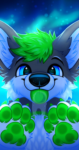 anthro aurora_(phenomenon) black_nose blue_eyes bodily_fluids cheek_tuft colored_nails facial_tuft fur green_body green_fur green_hair green_nails green_paws green_tongue grey_body grey_fur hair licking licking_screen looking_at_viewer male nails night pawpads saliva sky snow snowing solo spiky_hair star starry_sky tongue tuft white_body white_fur winter kirohusky kory_the_fox canid canine fox mammal absurd_res hi_res