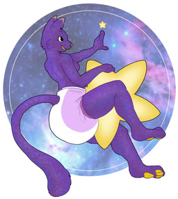 ageplay anthro breasts clothed clothing cosmic_background diaper featureless_breasts female fur infantilism open_mouth open_smile pawpads purple_body purple_diaper purple_fur roleplay side_view smile solo space space_background star topless wearing_diaper white_diaper yellow_eyes yellow_pawpads hardscales felid mammal absurd_res hi_res