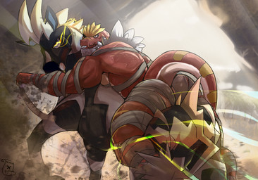 anthro anthrofied black_body butt desert duo feral male muscular muscular_anthro muscular_male riding blazar nintendo pokemon dinosaur equid equine fossil_pokemon generation_5_pokemon generation_6_pokemon mammal pokemon_(species) prehistoric_species reptile scalie tyrantrum zebra zebstrika hi_res