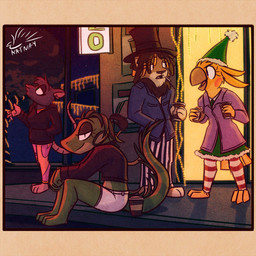 3_toes 4_fingers anthro barefoot beak beverage blue_eyes bottomwear breasts brown_eyes brown_hair building christmas_clothing christmas_decorations christmas_lights cigarette clothed clothing coffee crop_top dessert doughnut dreadlocks elf_costume eyelashes feathers feet female fingers food fur green_body green_eyes green_scales grey_body grey_fur group hair hat headgear headwear highlights_(coloring) holidays hoodie jacket leggings legwear male mane midriff navel night pants pastry photo_background piercing pink_nose scales shirt skirt smoke snout standing street sweater tail toes topwear winter winter_clothing yellow_body yellow_eyes yellow_feathers yellow_fur katnay christmas dalia_(katnay) dimitri_(katnay) dominique_(katnay) sylvie_(katnay) avian bird cockatiel cockatoo felid iguana iguanid lion lizard mammal murid murine pantherine parrot rat reptile rodent scalie 1:1 hi_res photography_(artwork)