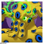 1:1 angry anthro blue-ringed_octopus cephalopod coleoid digital_media_(artwork) elicor glowing glowing_eyes green_eyes hand_on_head hudinart male marine markings mind_control mollusk octopodiform octopus ring_(marking) simple_background solo tentacles yellow_body yellow_skin