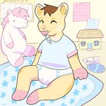 anthro blue_clothing blue_shirt blue_topwear clean_diaper clothed clothing detailed_background diaper eyes_closed fur male object_in_mouth pacifier pacifier_clip pacifier_in_mouth pink_hands pink_paws plushie rug shirt sitting solo toddler topwear toy wearing_diaper yellow_body yellow_fur yellow_wall young young_anthro young_male poopslug cricetid hamster mammal rodent 1:1 hi_res