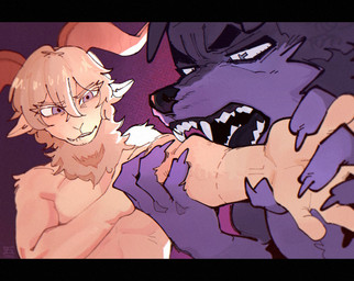 anthro biped bite biting_lip black_nose duo eyebrows eyelashes fangs fur grey_body grey_fur hair horn male nude_anthro nude_male pupils purple_eyes simple_background teeth white_body white_fur goonie-san beastars goon_(goonie_san) pina_(beastars) bovid canid canine canis caprine dall_sheep domestic_dog mammal sheep 2025 detailed digital_drawing_(artwork) digital_media_(artwork)