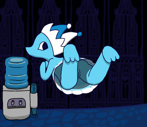 biped blue_body blue_bottomwear blue_clothing blue_hat blue_headwear blue_skirt bottomwear clothed clothing dress feet female fool's_hat foot_focus genitals hat headgear headwear innie_vulva looking_back skirt solo upskirt vulva water water_cooler fogspot deltarune undertale_(series) darkner elemental_creature mizzle_(deltarune) water_creature watercooler_(deltarune) aliasing digital_media_(artwork) shaded