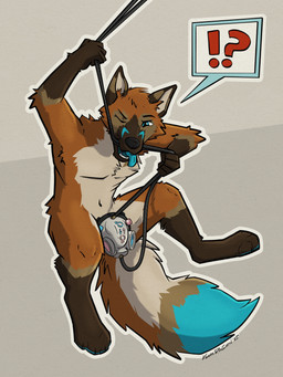 anthro bite biting_cable black_snout blue_body blue_eyes blue_fur blue_markings blue_tail_tip blue_tongue brown_body brown_ears brown_feet brown_fur brown_hands cable contraption device dipstick_tail feet fur fur_markings gender_transformation interrobang long_tail machine male markings mta_transformation mti_transformation one_eye_closed pointy_ears prick_ears simple_background solo speech_bubble struggling tail tail_markings tan_inner_ear tan_underbelly tongue tongue_out transformation kemira vulan_(flyinfox) canid canine fox mammal 2025 digital_drawing_(artwork) digital_media_(artwork) hi_res signature